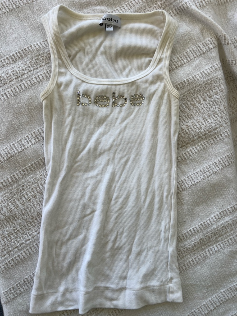 bebe White Ribbed Tank with Crystal Logo